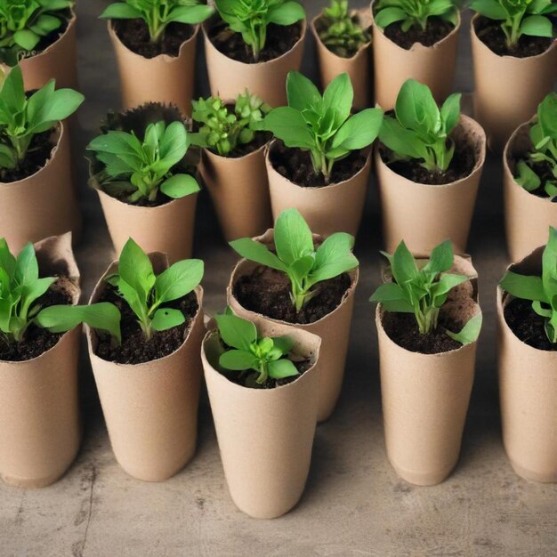 Photo several rows of plant pots with one that says  sprouts