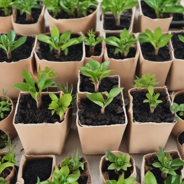 Photo several rows of plant pots with a sign saying  green sprouts