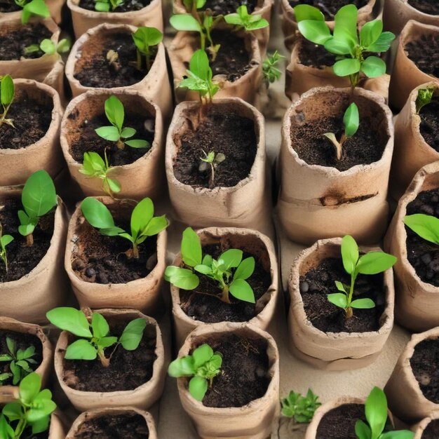 Photo several rows of plants with one that says  seedlings