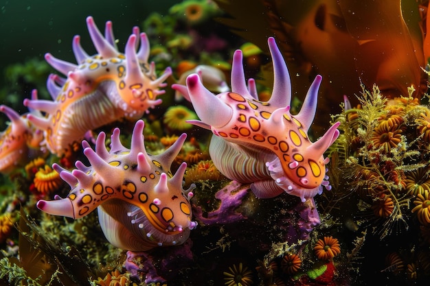 Photo several sea slugs are gathered on a coral reef in the ocean underwater life teeming with diversity