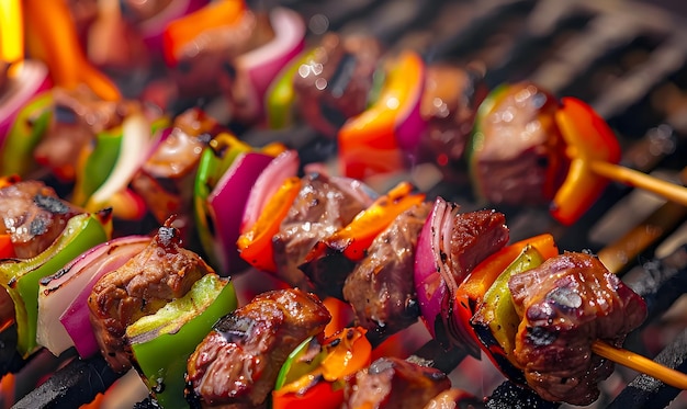 Several skewers of colorful meat and vegetable kabobs are grilling on a hot barbecue grill