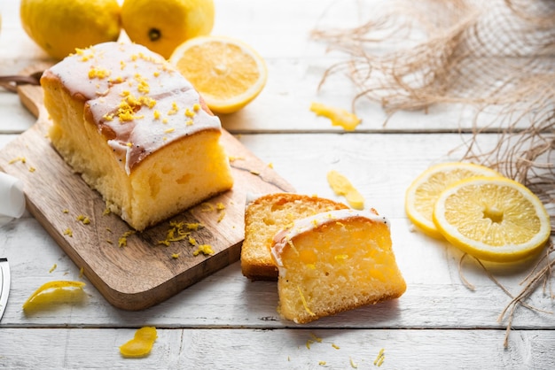 Several slices of lemon cake lemon sponge cake homemade with sugar flour honey yeast and lemons