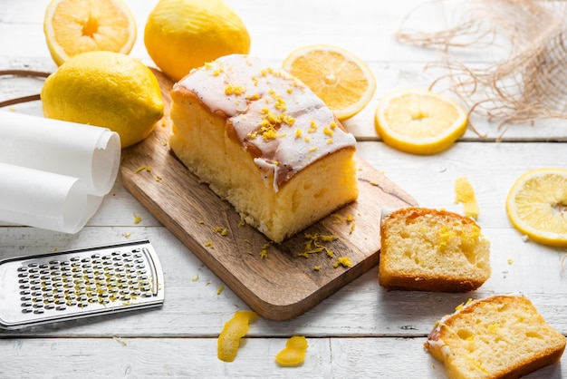 Several slices of lemon cake lemon sponge cake homemade with sugar flour honey yeast and lemons