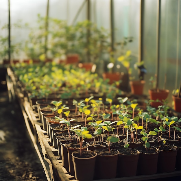 Photo several small plants are lined up in a greenhouse