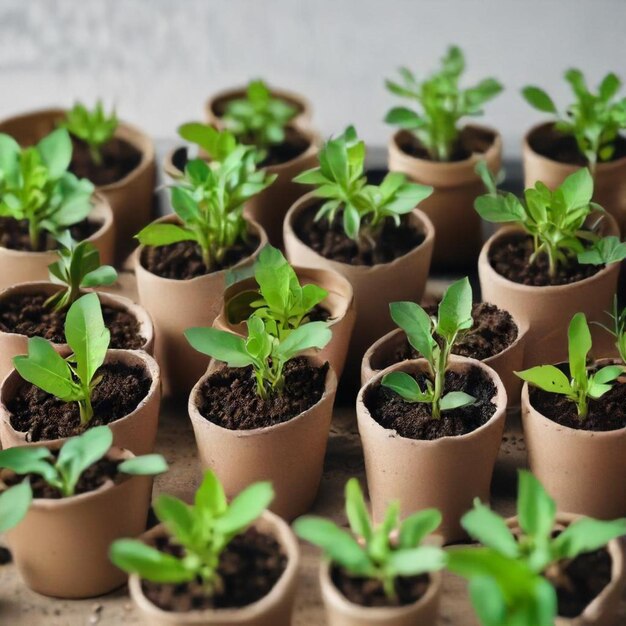 Photo several small plants are lined up in a row including one that has a green leaf