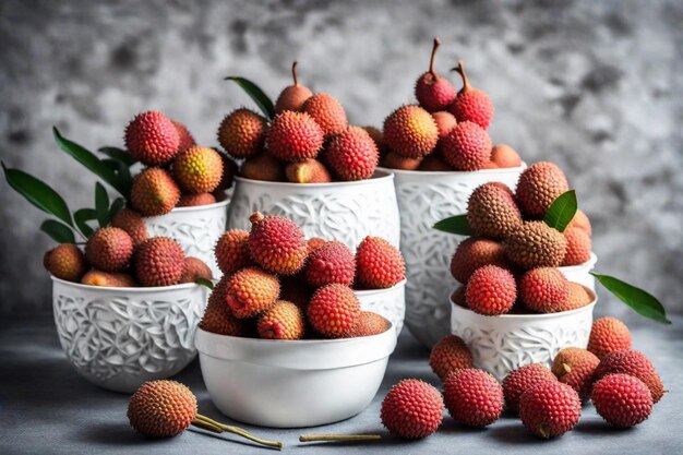 Photo several small white bowls with fruit in them including one that has a leaf on it