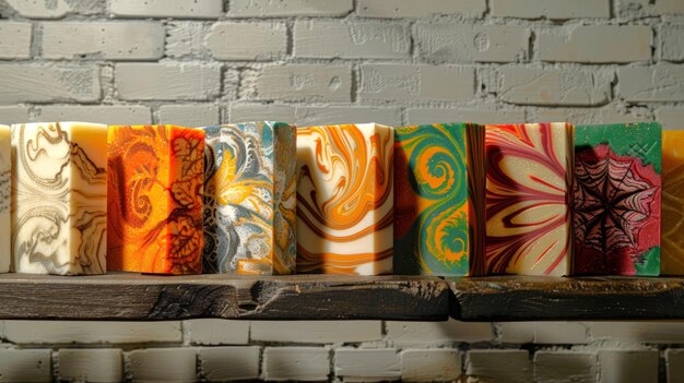 Photo several soap loaves with intricate designs displayed on a dark wooden shelf against a clean white brick wall concept of craft hygiene decorative cleanliness and creative personal care