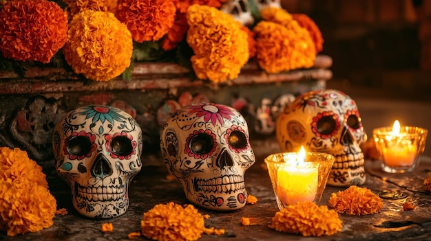 Photo several sugar skulls placed on an altar surrounded by candles and marigolds