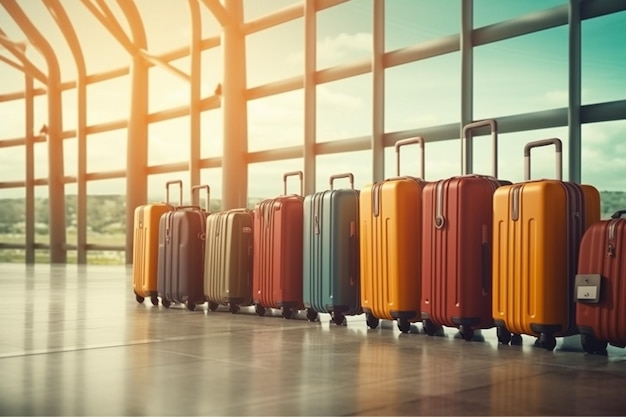 Several suitcases lined up in a row in an airport generative ai