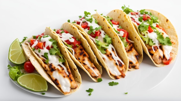 several tacos are lined up on a plate with a green leaf