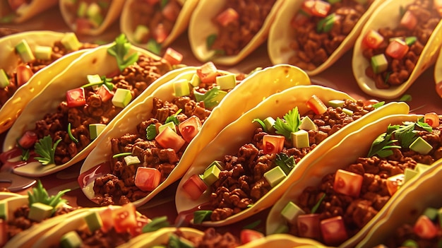 several tacos are lined up on a table including tortillas and other foods