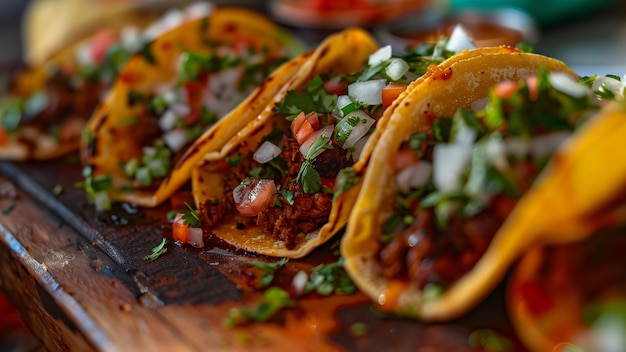 several tacos are on a table including one that has tacos and the other half of it