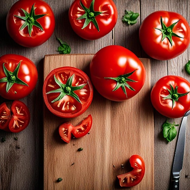 several tomatoes are on a cutting board with a knife and a knife