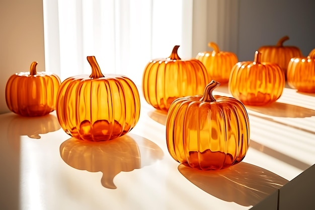 Several transparent glass vases in the form of an orange pumpkin