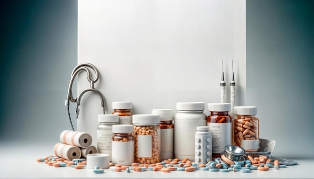 Several transparent pill bottles of varying sizes with dark caps filled with colorful pills capsules