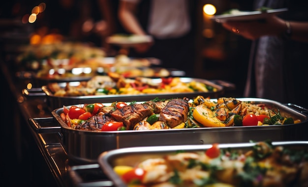 several trays of food are lined up on a buffet table generative ai