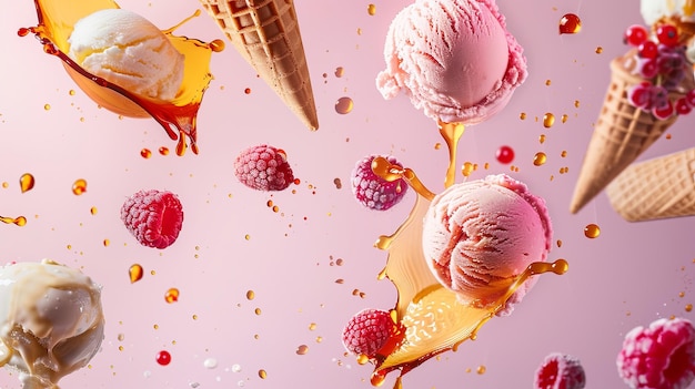 several types of ice cream floating on a gradient background caramel splashes around flying berries summer vibe juicy photography pink gradient background