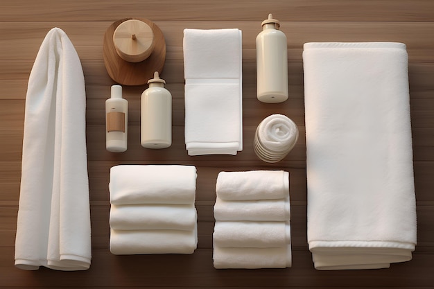 Several White Towels and Products Are on a Wooden Surface