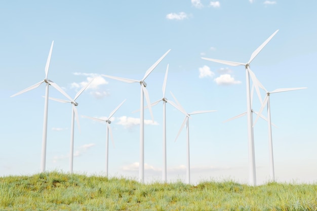 Several wind turbines on a green field 3D render