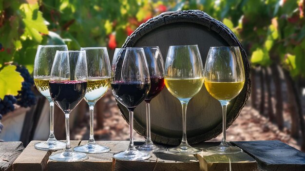 several wine glasses with different colors and one that says wine