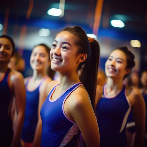 Several youthful girls doing artistic gymnastics