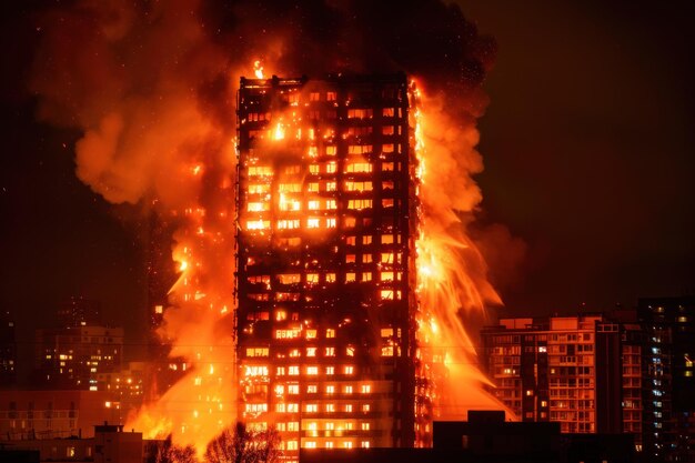 Photo a severe fire consumes multiple floors of a highrise building against an urban backdrop