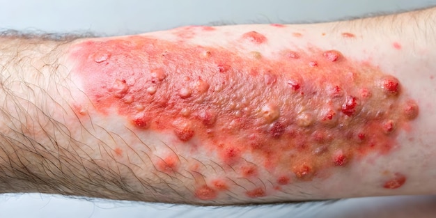 Severe Skin Reaction Closeup view of painful blisters and inflammation on human skin