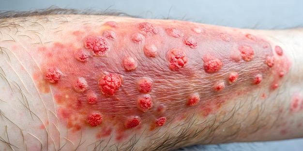 Photo severe skin reaction closeup view of painful blisters and inflammation on human skin