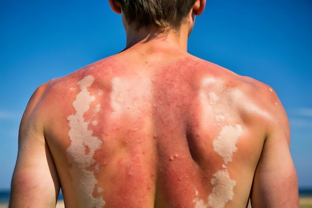 Severe sunburn on back with peeling and blistered skin