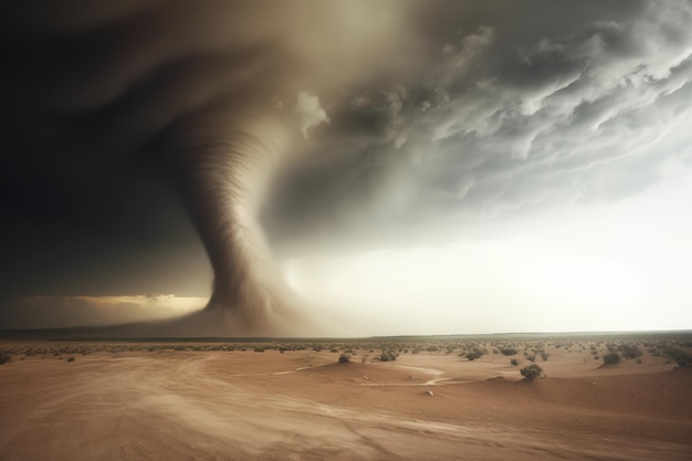 Severe tornado vortex in sandy prairie dramatic landscape Generative AI