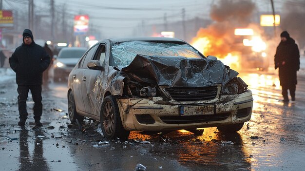 Severe Urban Car Accident Damaged Vehicles in the City