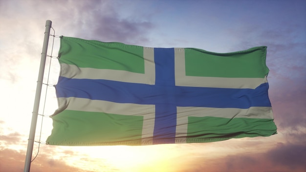 Severn Cross flag, England, waving in the wind, sky and sun background. 3d rendering