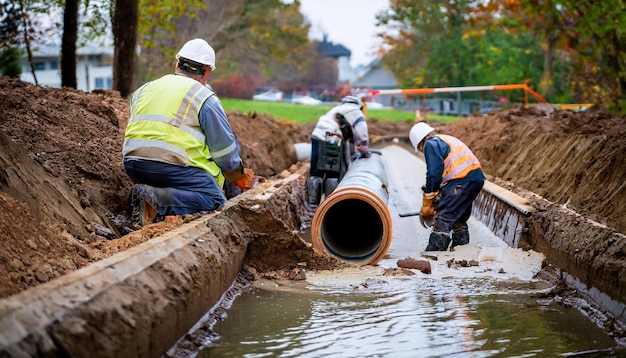 a sewer rehabilitation project in progress with workers repairing old pipes and installing new pipes