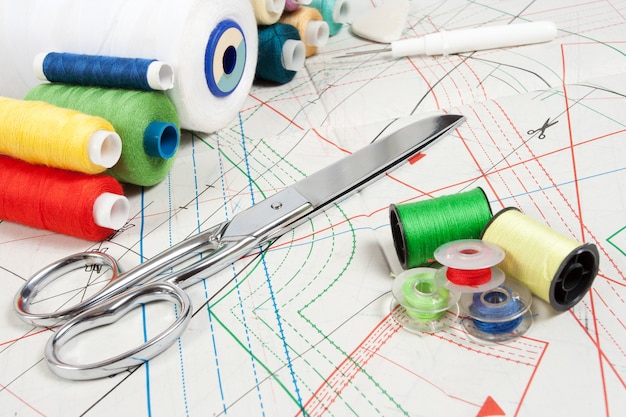 Sewing background: metal scissors, multicolor threads and sewing curve