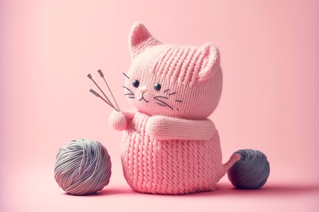 Sewing of cute kids knitted toys gentle soft cat on pink background