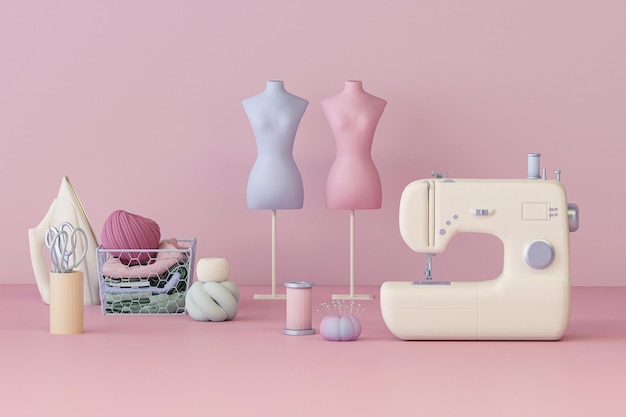 sewing machine floating on purple and pink background. Tailoring shop with mannequins, fabrics