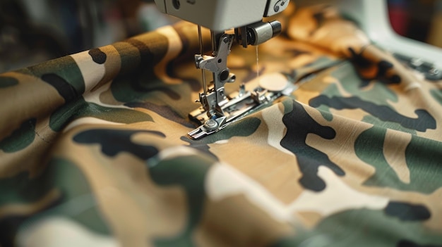 Photo a sewing machine is shown in the process of stitching a piece of camouflage fabric the needle is in motion and the fabric is feeding through the machine