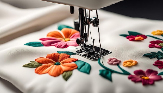 a sewing machine is sitting on a white cloth with flowers on it