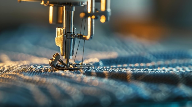 Photo sewing machine needle and fabric the machine is in focus and the fabric is blurred