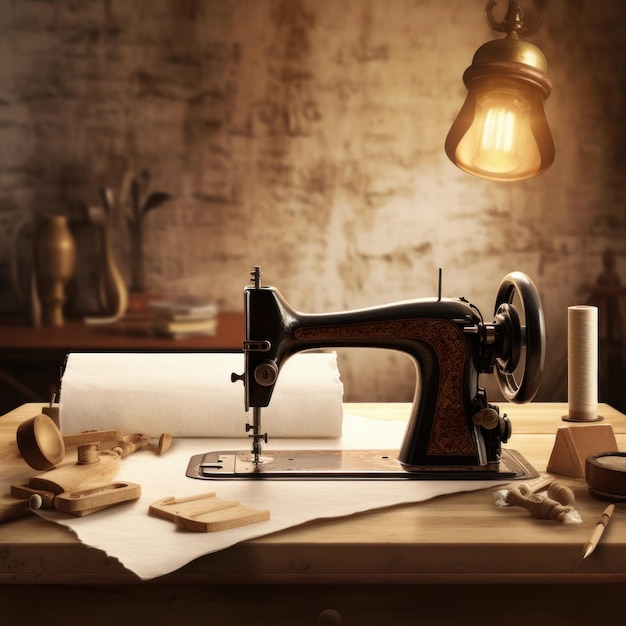 a sewing machine sits on a table with cheese and cheese