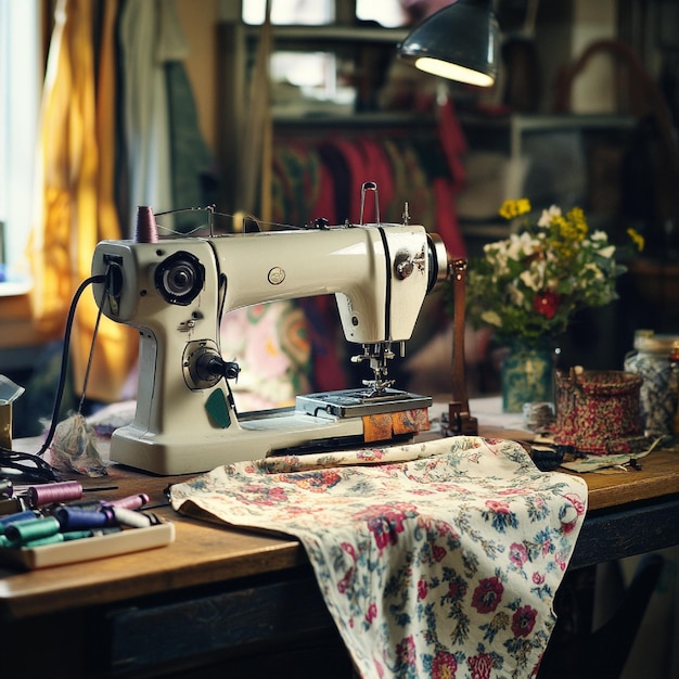 Photo a sewing machine sits on a table with a floral pattern