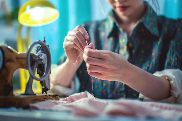 Photo sewing process housewife sews at home using needle and various sewing supplies sewing process hous