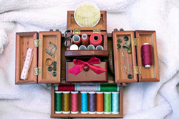 Sewing set in a wooden box