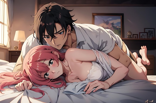 a sexy anime couple on the bed sharing romantic moment