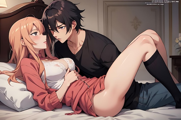 a sexy anime couple on the bed sharing romantic moment