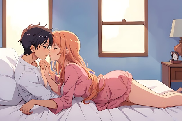 a sexy anime couple on the bed sharing romantic moment