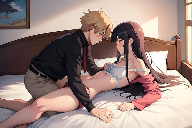 a sexy anime couple on the bed sharing romantic moment