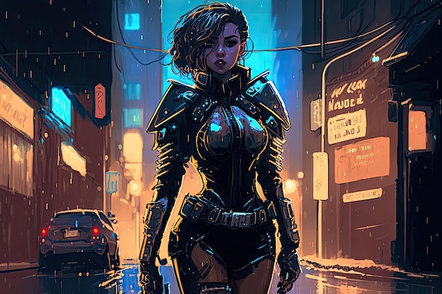 Sexy beautiful girl cop of future on street in cyberpunk style Generative AI