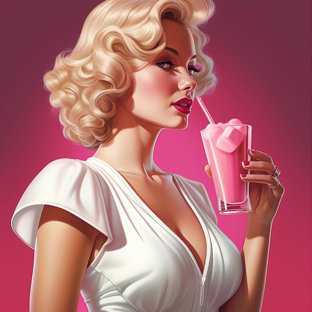 Sexy blonde woman with pink cocktail in hand Retro style