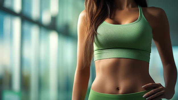 Sexy body of woman wearing green shirt on blurred background